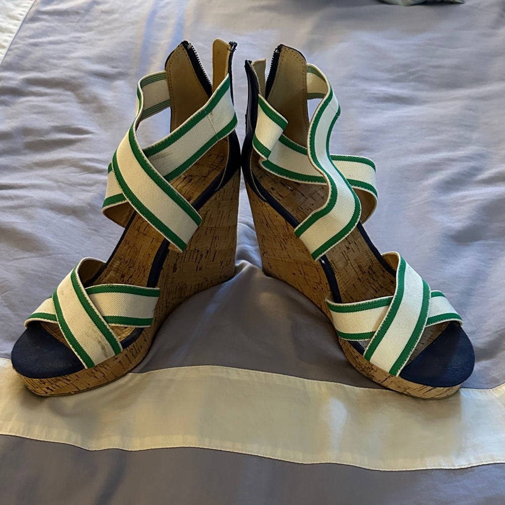 Striped Wedge Sandals - Green and White